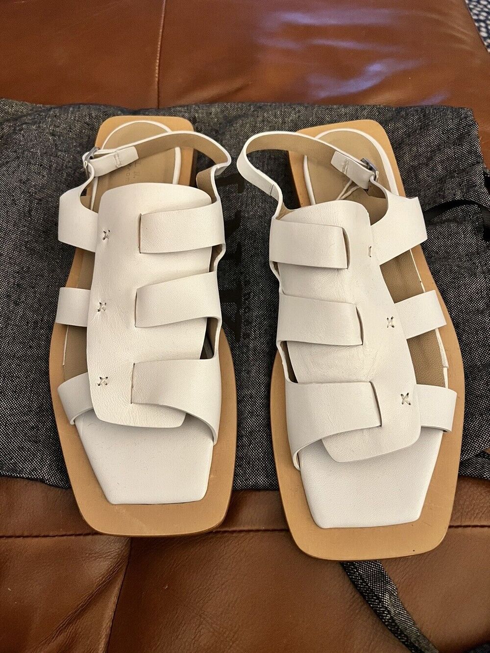 I. N. K. Flat Sandals White Tan Leather NEW 40